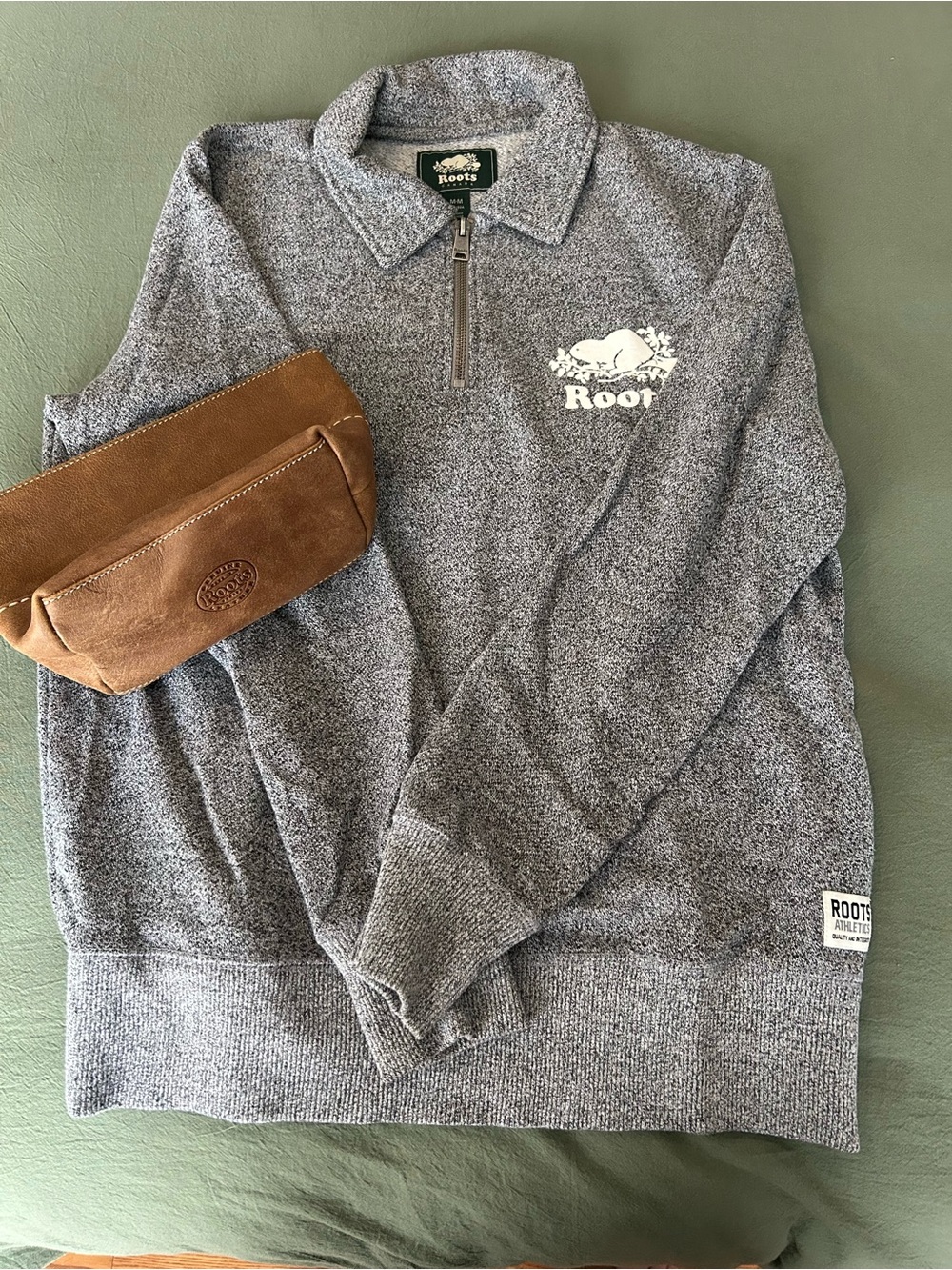 Roots Bundle: Quarter Zip in Salt & Pepper, Unisex & Leather Pouch in Tribe